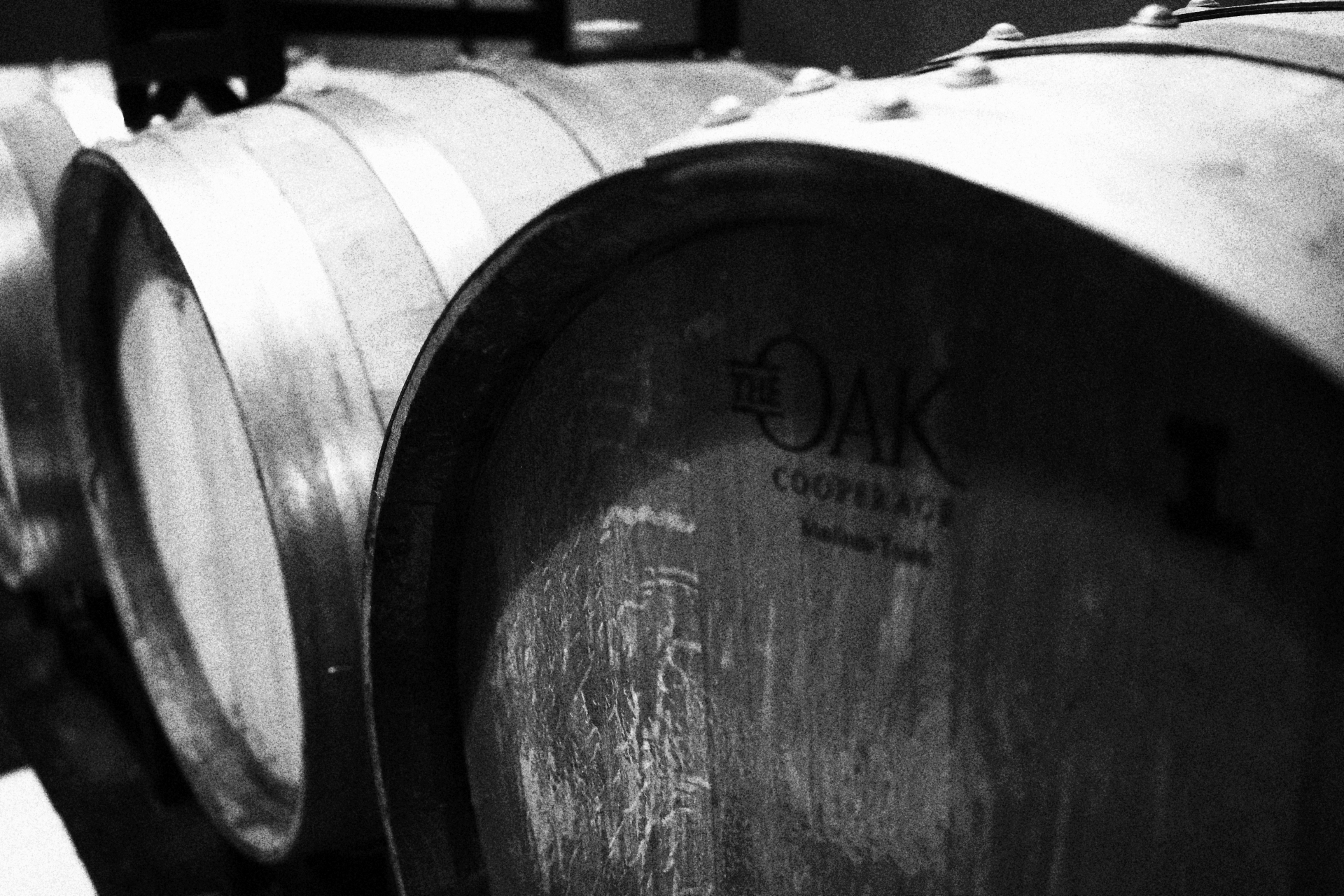 Close-up of the cooperage stamp on a wine barrel